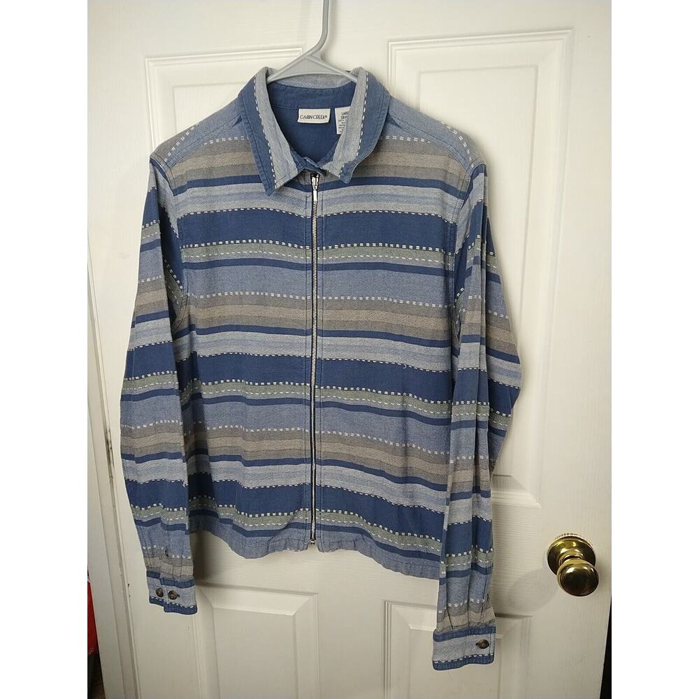 Cabin Creek Woman L Shacket Lightweight Denim Look Striped Button Sleeve